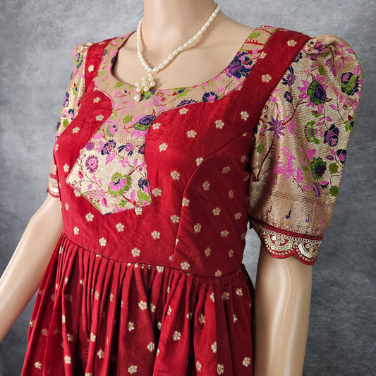 Carmine Red Paithani Frock