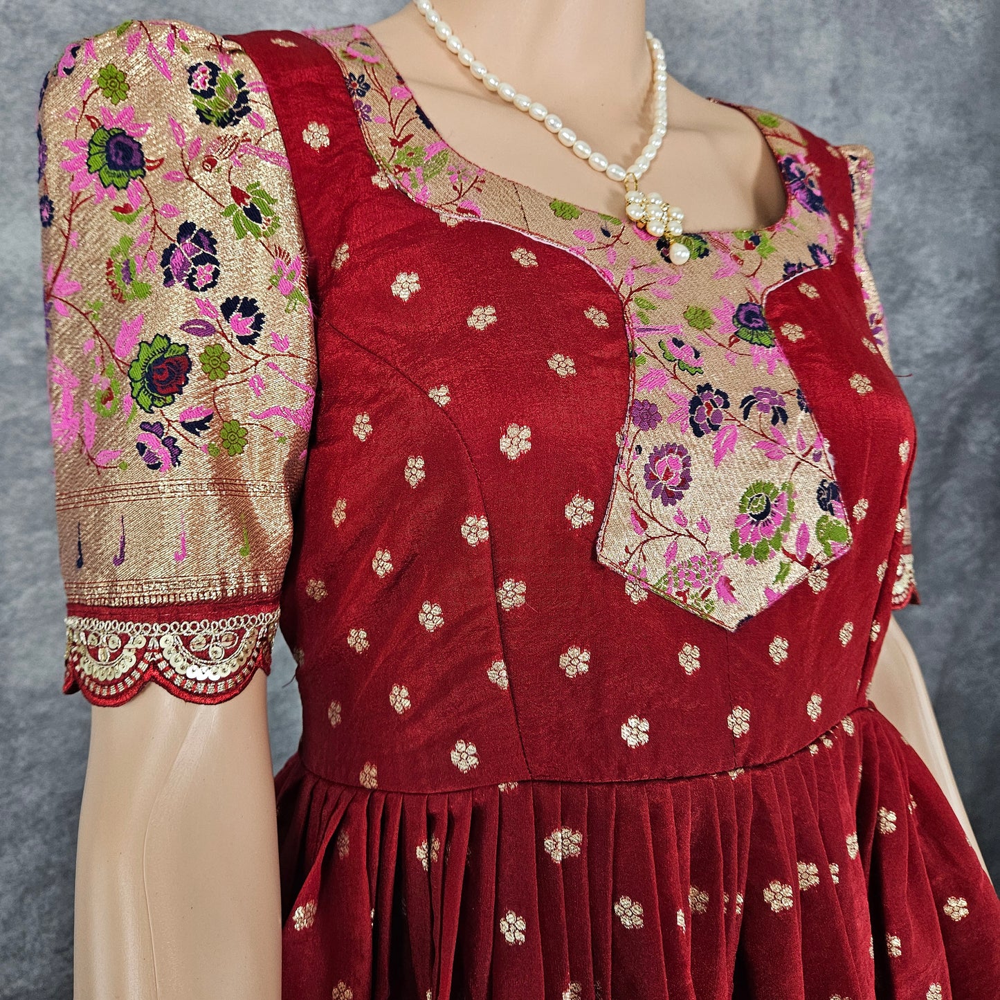 Carmine Red Paithani Frock