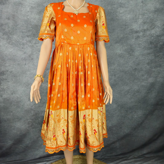 Neon Orange Paithani Frock
