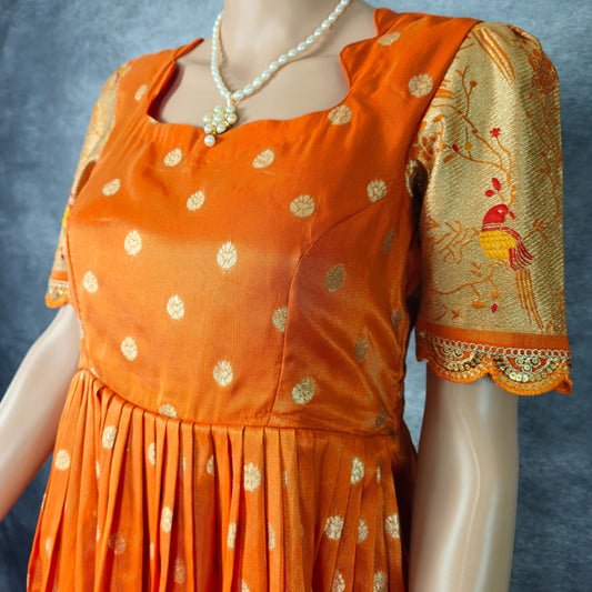 Neon Orange Paithani Frock