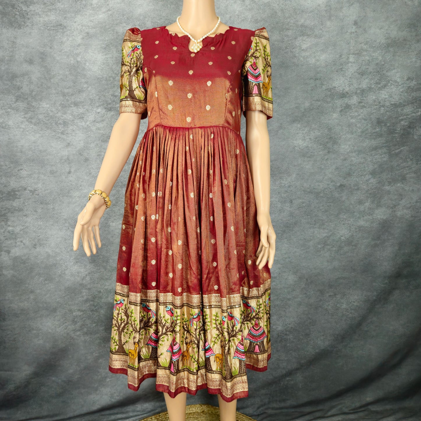 Maroon Red Paithani Frock