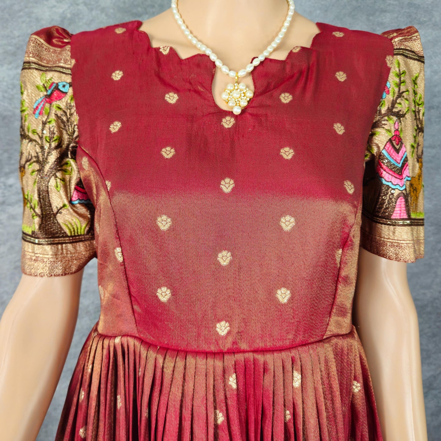 Maroon Red Paithani Frock